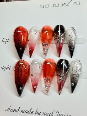 Handmade Orange Black and Silver Claw Nail Set - Women Jewelry Size Medium